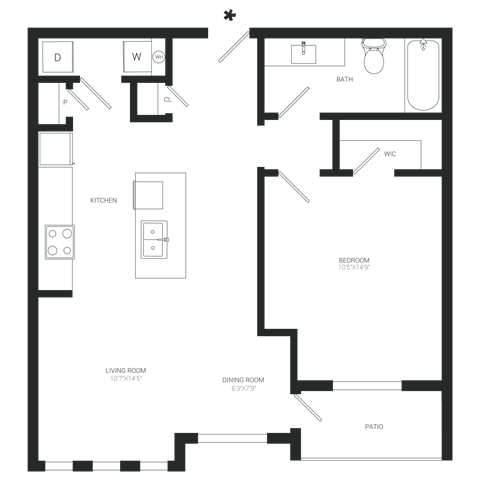 Floor plan for 1 bed, 1 bath, 739 sqft